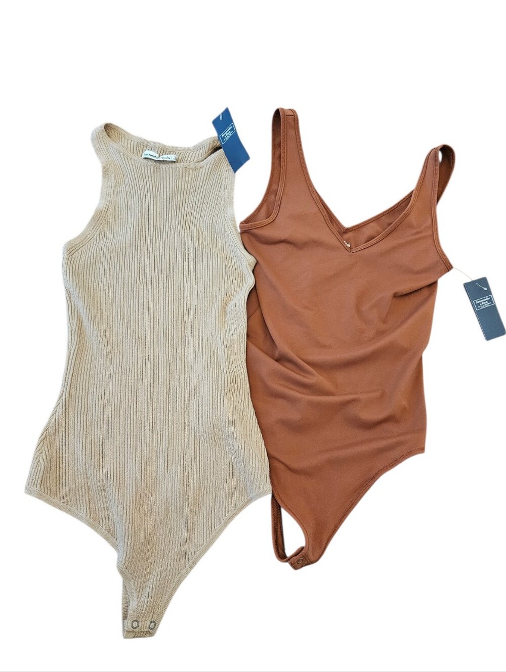 Abercrombie & Fitch Cream Ribbed Bodysuit + Brown V‑Neck Bodysuit